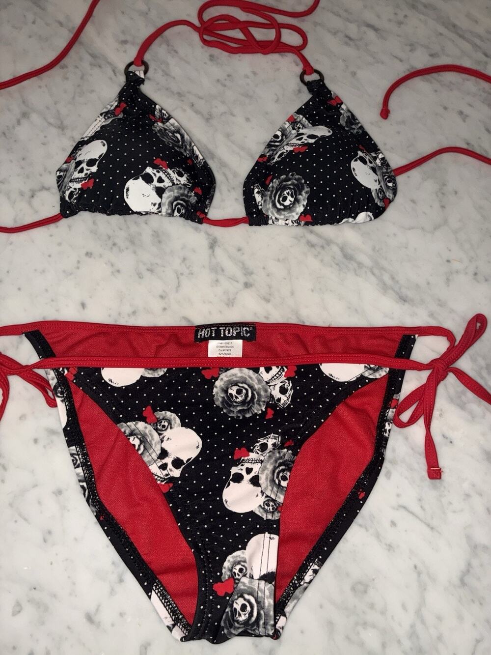 Hot Topic Black and Red Skull Rose Polka Dot Bikini One Piece Swim